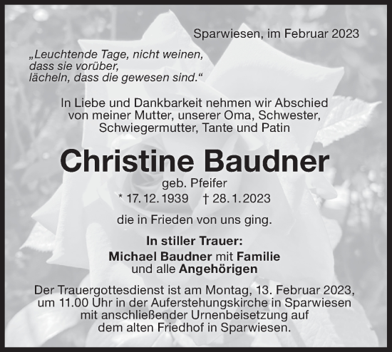 Traueranzeige von Christine Baudner von NWZ Neue Württembergische Zeitung