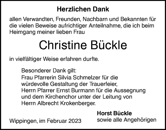 Traueranzeige von Christine Bückle von SÜDWEST PRESSE Ausgabe Ulm/Neu-Ulm