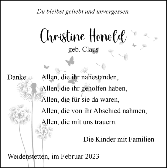 Traueranzeige von Christine Honold von SÜDWEST PRESSE Ausgabe Ulm/Neu-Ulm