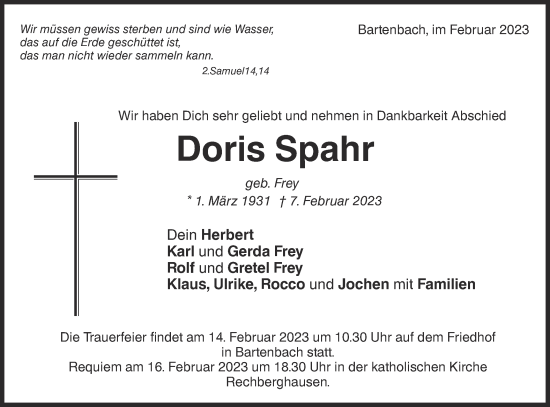 Traueranzeige von Doris Spahr von NWZ Neue Württembergische Zeitung