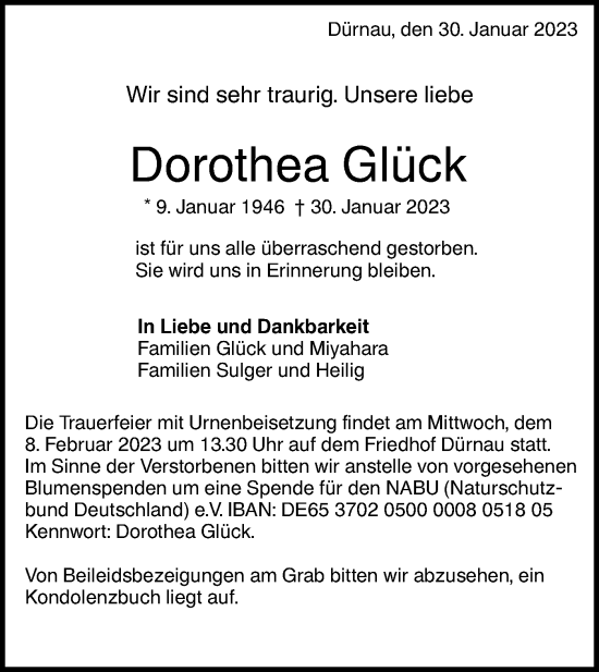 Traueranzeige von Dorothea Glück von NWZ Neue Württembergische Zeitung