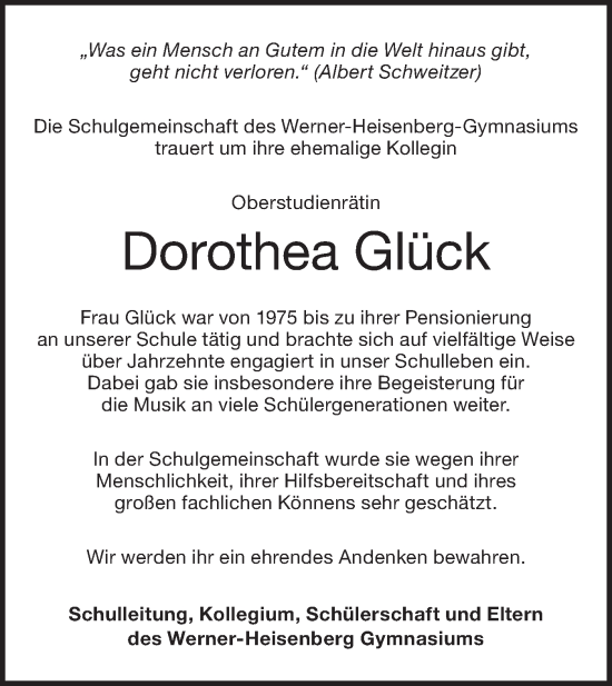 Traueranzeige von Dorothea Glück von NWZ Neue Württembergische Zeitung