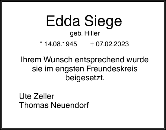 Traueranzeige von Edda Siege von SÜDWEST PRESSE Ausgabe Ulm/Neu-Ulm