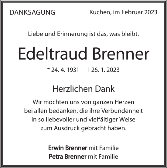 Traueranzeige von Edeltraud Brenner von Geislinger Zeitung