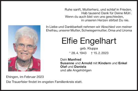 Traueranzeige von Elfie Engelhart von Ehinger Tagblatt