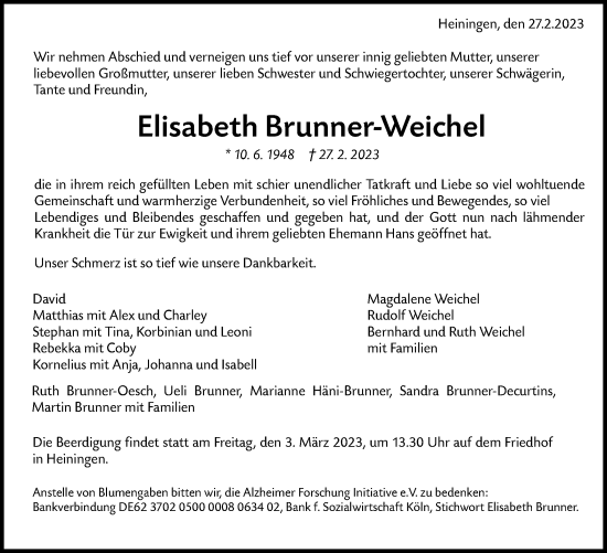 Traueranzeige von Elisabeth Brunner-Weichel von NWZ Neue Württembergische Zeitung