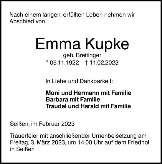 Traueranzeige von Emma Kupke von SÜDWEST PRESSE Ausgabe Ulm/Neu-Ulm