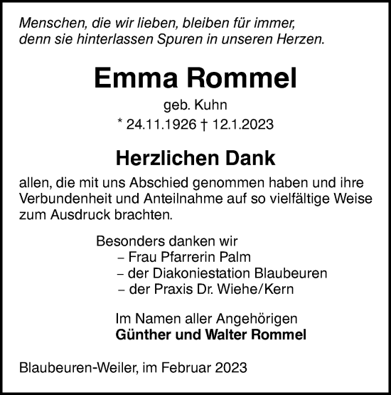 Traueranzeige von Emma Rommel von SÜDWEST PRESSE