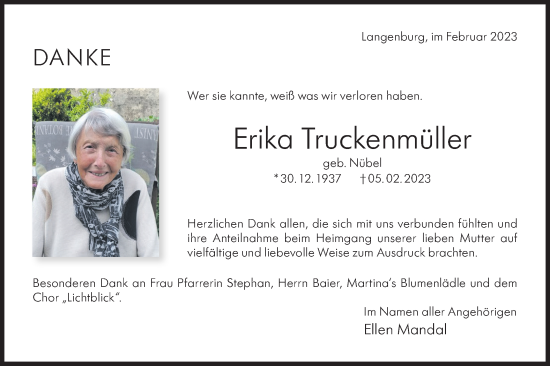 Traueranzeige von Erika Truckenmüller von Hohenloher Tagblatt