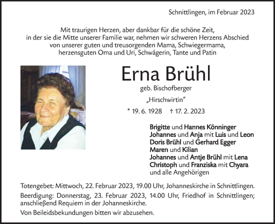 Traueranzeige von Erna Brühl von NWZ Neue Württembergische Zeitung/Geislinger Zeitung