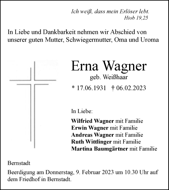 Traueranzeige von Erna Wagner von SÜDWEST PRESSE Ausgabe Ulm/Neu-Ulm