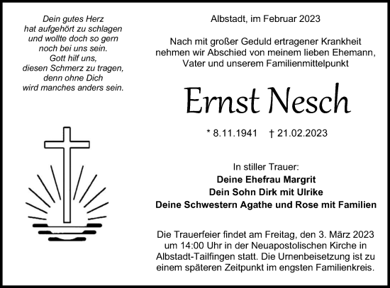 Traueranzeige von Ernst Nesch von Metzinger-Uracher Volksblatt