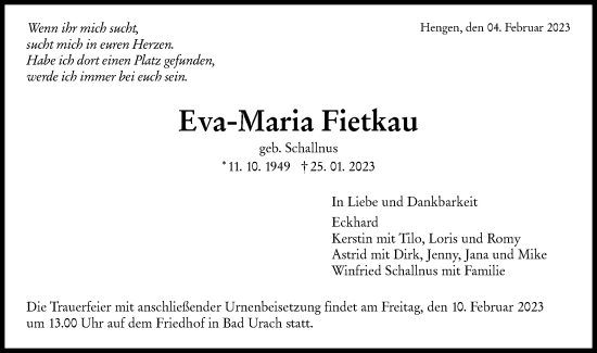 Traueranzeige von Eva-Maria Fietkau von Metzinger-Uracher Volksblatt