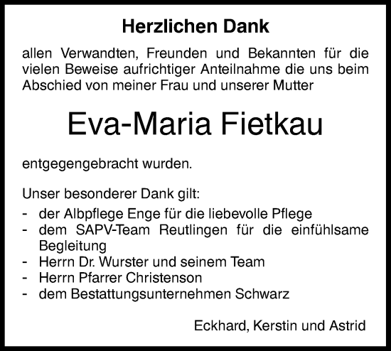 Traueranzeige von Eva-Maria Fietkau von Metzinger-Uracher Volksblatt