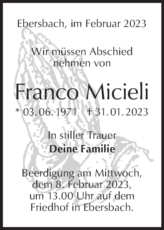 Traueranzeige von Franco Micieli von NWZ Neue Württembergische Zeitung