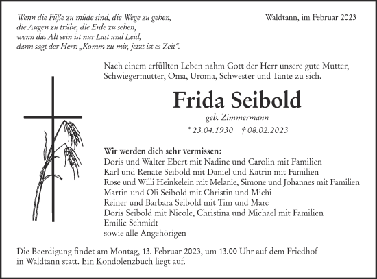 Traueranzeige von Frida Seibold von Hohenloher Tagblatt