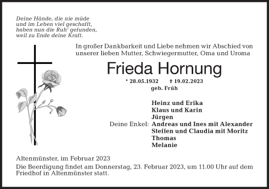 Traueranzeige von Frieda Hornung von Hohenloher Tagblatt