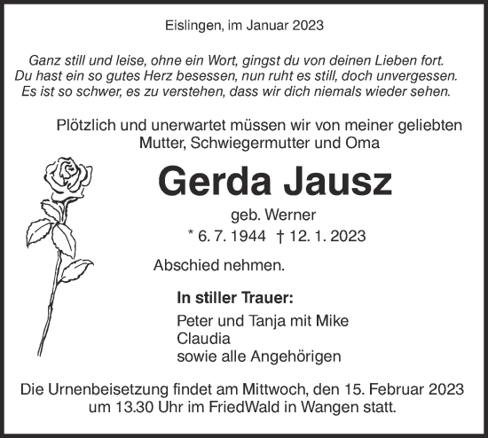 Traueranzeige von Gerda Jausz von NWZ Neue Württembergische Zeitung