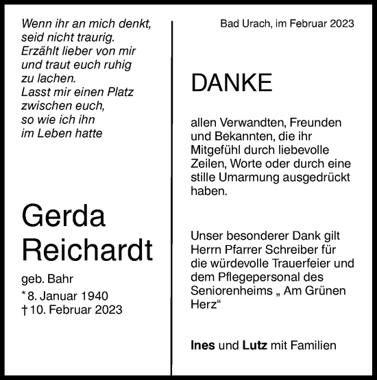 Traueranzeige von Gerda Reichardt von Metzinger-Uracher Volksblatt