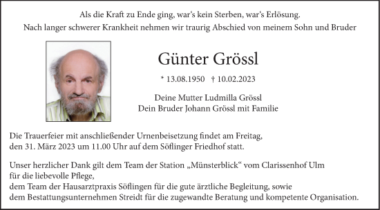 Traueranzeige von Günter Grössl von SÜDWEST PRESSE Ausgabe Ulm/Neu-Ulm