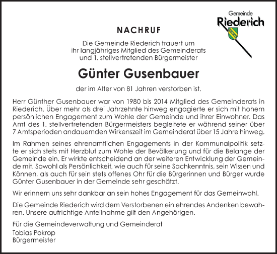 Traueranzeige von Günter Gusenbauer von Metzinger-Uracher Volksblatt