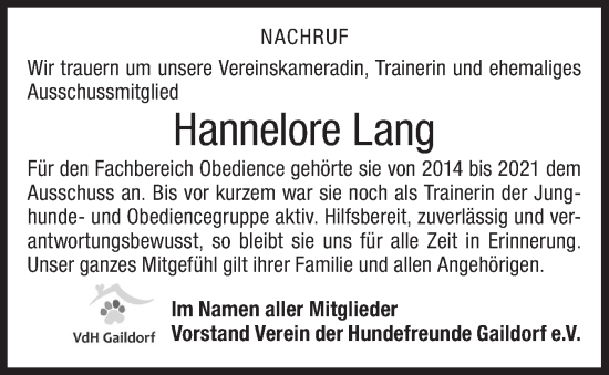 Traueranzeige von Hannelore Lang von Haller Tagblatt