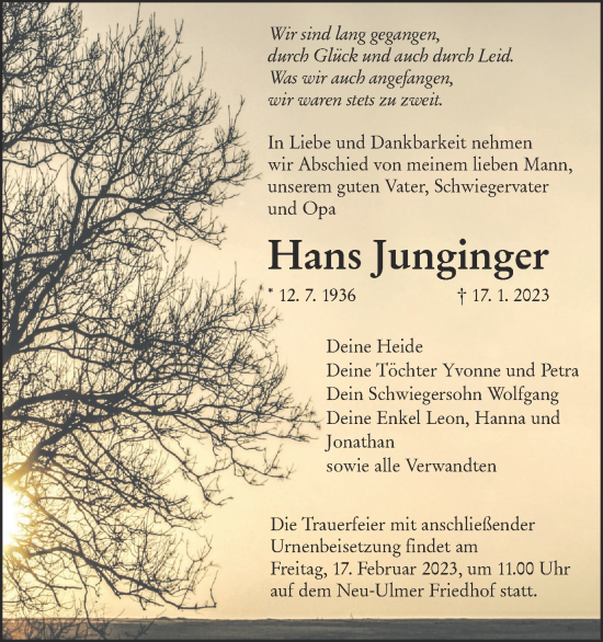 Traueranzeige von Hans Junginger von SÜDWEST PRESSE Ausgabe Ulm/Neu-Ulm