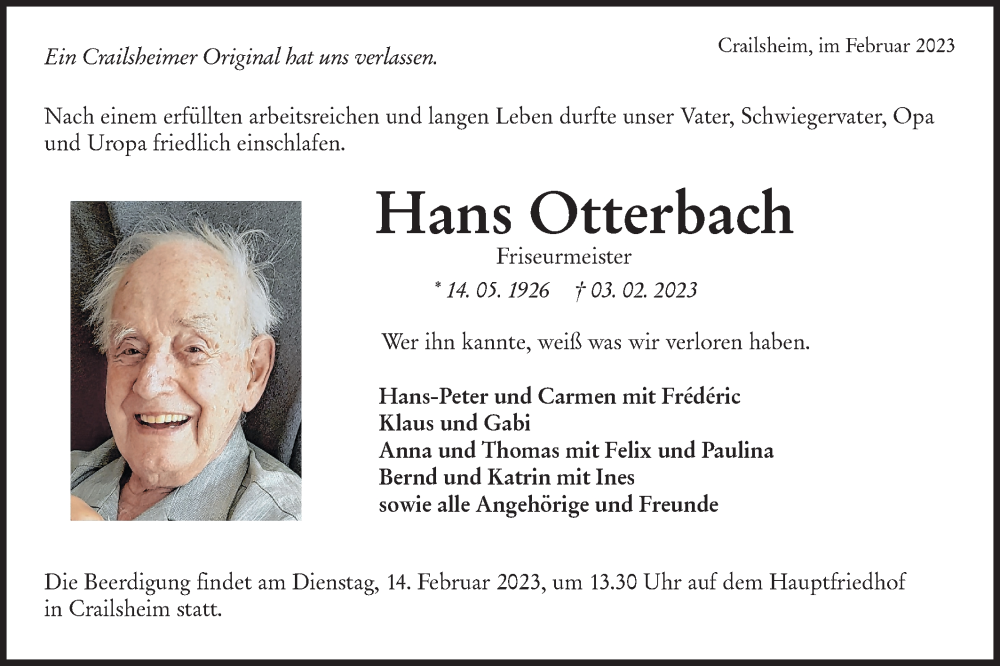  Traueranzeige für Hans Otterbach vom 10.02.2023 aus Hohenloher Tagblatt