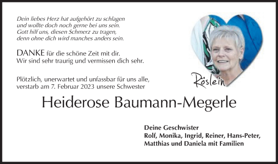 Traueranzeige von Heiderose Baumann-Megerle von Haller Tagblatt