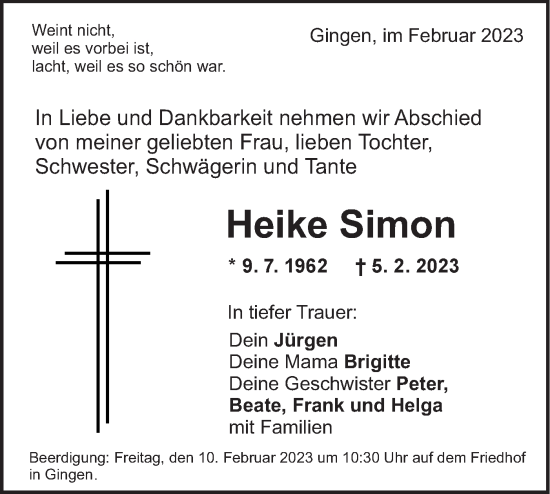 Traueranzeige von Heike Simon von Geislinger Zeitung