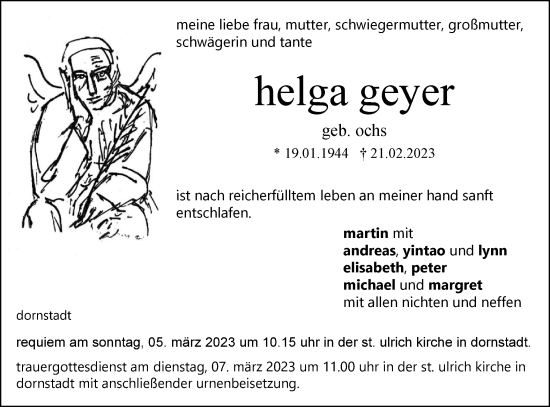 Traueranzeige von Helga Geyer von SÜDWEST PRESSE Ausgabe Ulm/Neu-Ulm