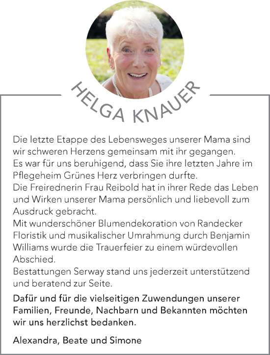 Traueranzeige von Helga Knauer von Metzinger-Uracher Volksblatt