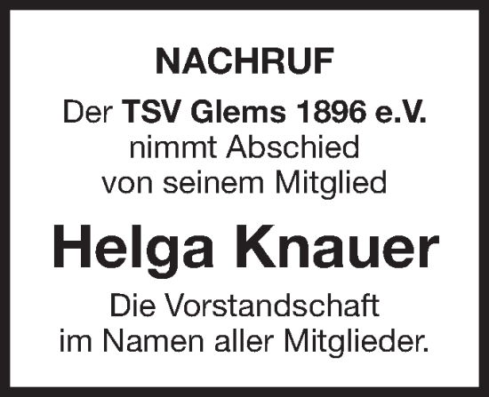 Traueranzeige von Helga Knauer von Metzinger-Uracher Volksblatt