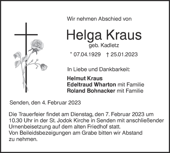 Traueranzeige von Helga Kraus von SÜDWEST PRESSE Ausgabe Ulm/Neu-Ulm