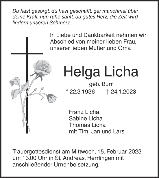 Traueranzeige von Helga Licha von SÜDWEST PRESSE Ausgabe Ulm/Neu-Ulm