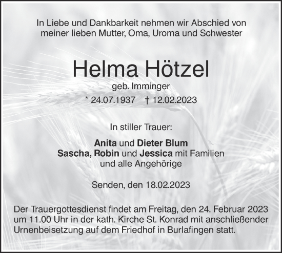 Traueranzeige von Helma Hötzel von SÜDWEST PRESSE Ausgabe Ulm/Neu-Ulm