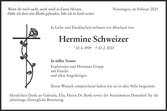 Traueranzeige von Hermine Schweizer von NWZ Neue Württembergische Zeitung