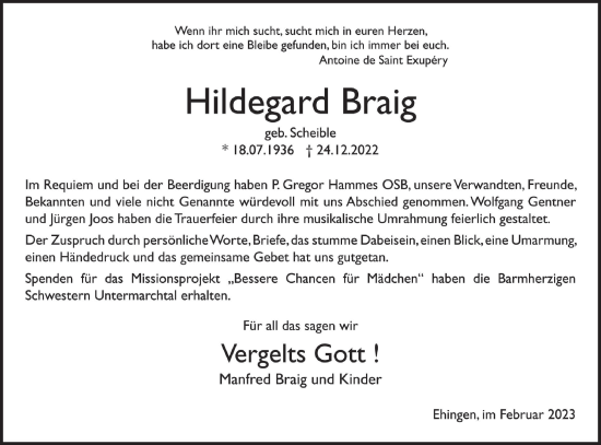 Traueranzeige von Hildegard Braig von Ehinger Tagblatt