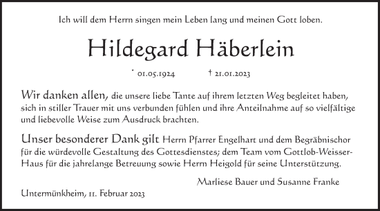 Traueranzeige von Hildegard Häberlein von Haller Tagblatt