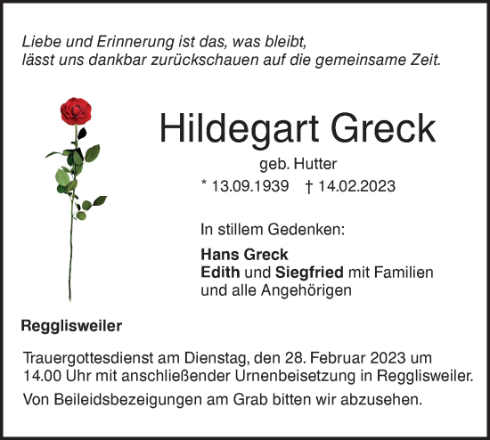 Traueranzeige von Hildegart Greck von SÜDWEST PRESSE Ausgabe Ulm/Neu-Ulm