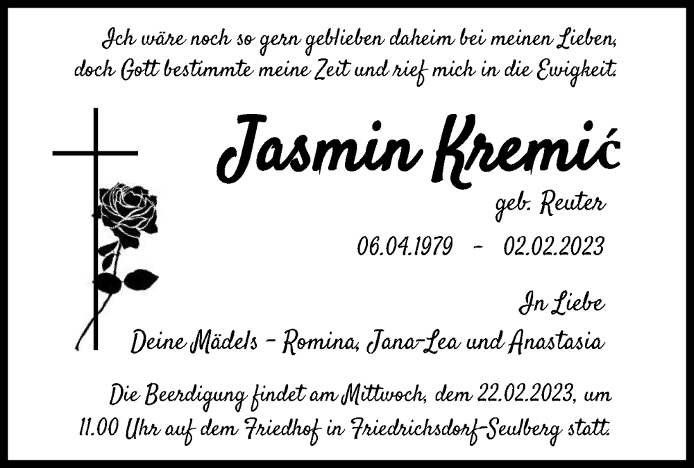  Traueranzeige für Jasmin Kremic vom 16.02.2023 aus Hohenloher Tagblatt