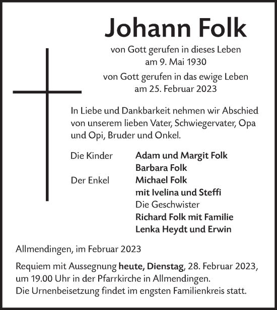 Traueranzeige von Johann Folk von Ehinger Tagblatt