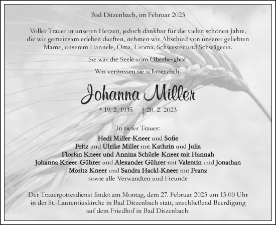 Traueranzeige von Johanna Miller von Geislinger Zeitung