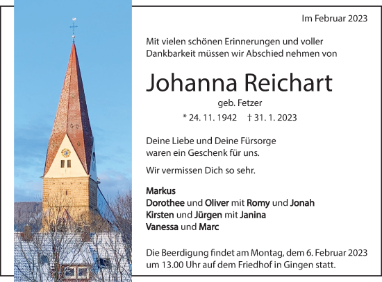 Traueranzeige von Johanna Reichart von Geislinger Zeitung