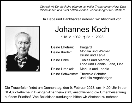 Traueranzeige von Johannes Koch von Metzinger-Uracher Volksblatt