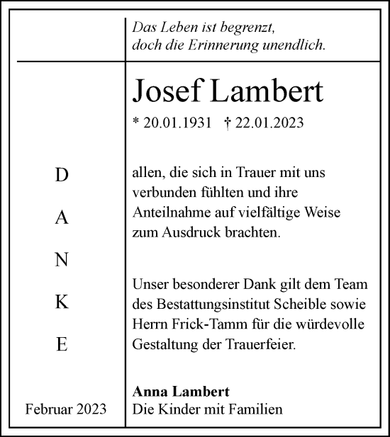 Traueranzeige von Josef Lambert von SÜDWEST PRESSE Ausgabe Ulm/Neu-Ulm