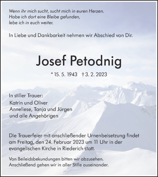 Traueranzeige von Josef Petodnig von Metzinger-Uracher Volksblatt