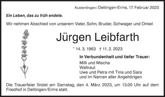 Traueranzeige von Jürgen Leibfarth von Metzinger-Uracher Volksblatt