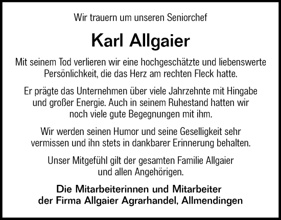 Traueranzeige von Karl Allgaier von SÜDWEST PRESSE Ausgabe Ulm/Neu-Ulm