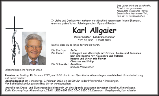 Traueranzeige von Karl Allgaier von SÜDWEST PRESSE Ausgabe Ulm/Neu-Ulm